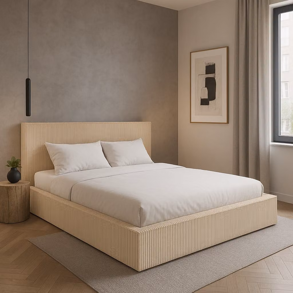 Letto imbottito Sofello Simple, forma moderna, FILO Crema 160x200, realizzato in tessuto di velluto a coste con base a doghe in legno con funzione sollevabile. Design moderno in colori di tendenza, con vano contenitore.