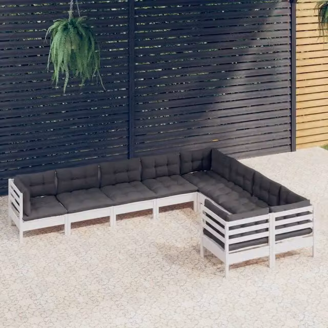 Set Divani da Giardino 9 pz con Cuscini Bianchi Legno di Pino 3096984