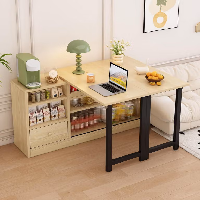 Tavolo pieghevole da pranzo con spazio contenitivo, tavolo da cucina allungabile, con cassetto, ripiani, in legno, 120x75 cm