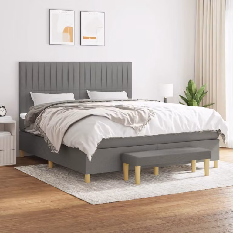 vidaXL Giroletto a Molle Ibrido con Materasso in Tessuto Grigio e Bianco L/P/H: 160 x 200 x 128 cm