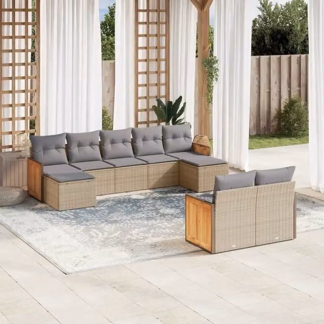 vidaXL Set Divano da Giardino 9 pz a forma di U in Polyrattan con Cuscini Beige e Grigio – 1