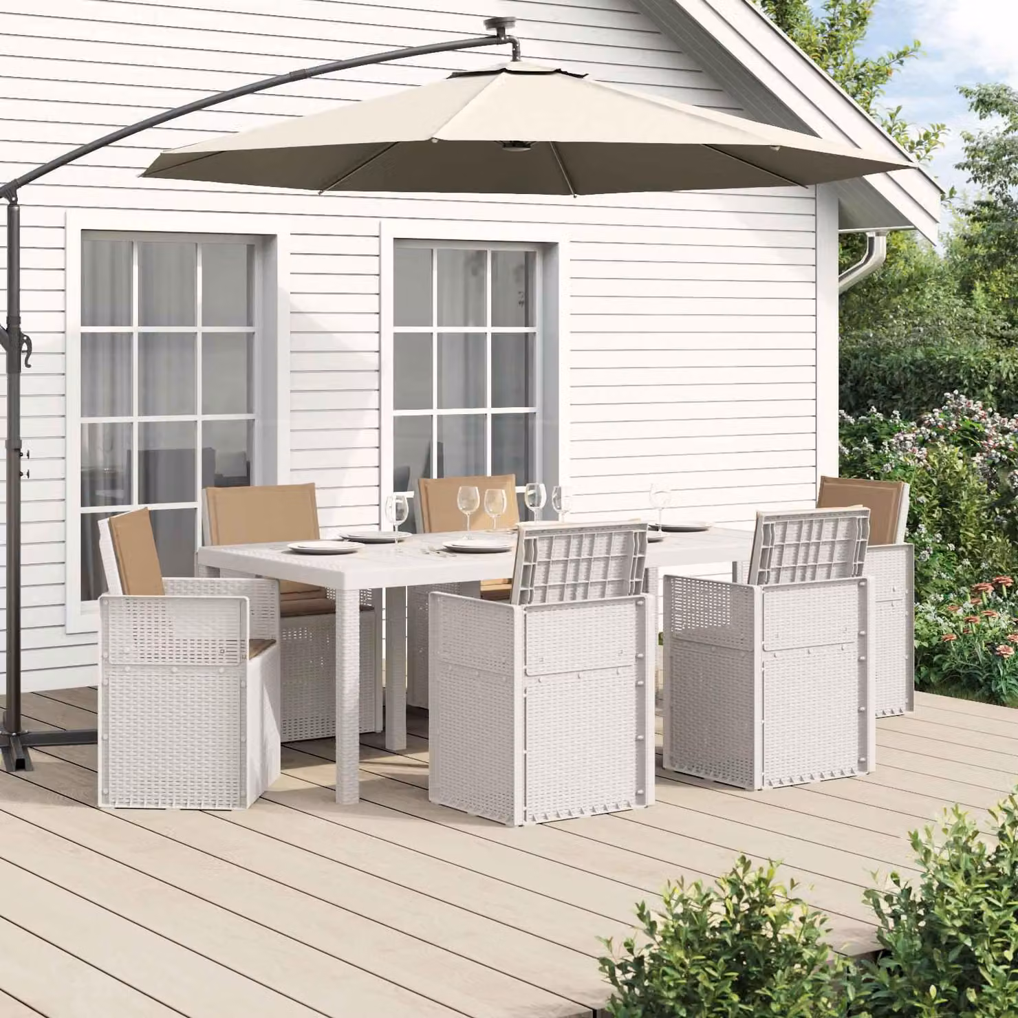 Maison Exclusive - Set da pranzo per esterno, 7 pezzi, bianco e color taupe, in materiale PP