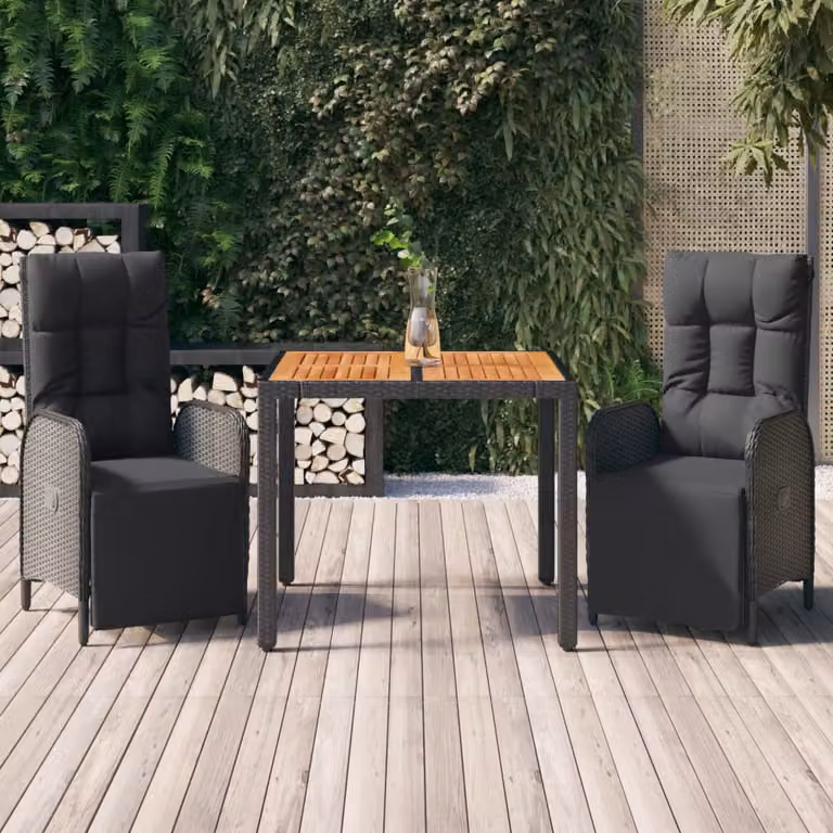 Set da pranzo da giardino vidaXL in polyrattan e legno di acacia nero con 3 pezzi e cuscini