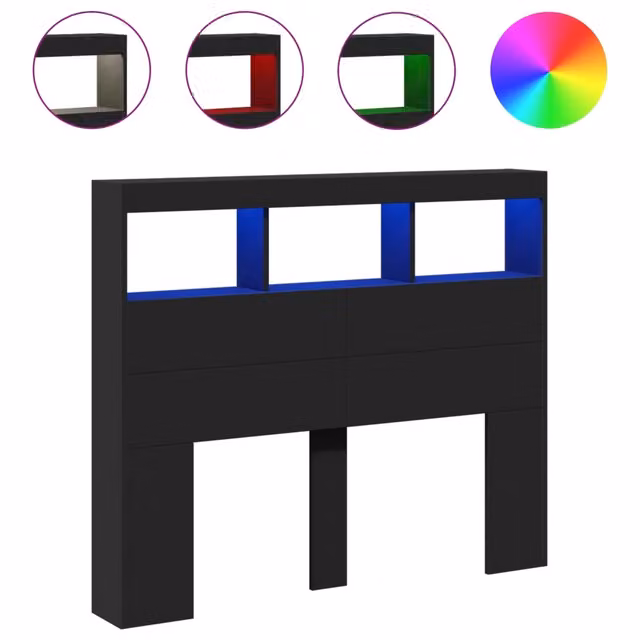 Testata del letto con contenitore, illuminazione LED e porta USB nera, L 120 x P 17 x H 102 cm – 1