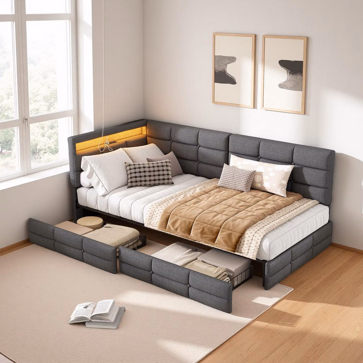 Letto imbottito trasformabile in divano, dimensioni 90x200 cm, con illuminazione LED, porte USB di tipo C e due cassetti, senza materasso, tessuto: lino, colore: grigio