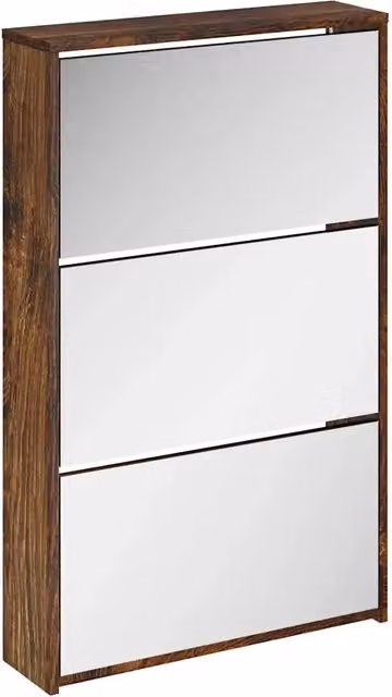 Scarpiera moderna con specchio su anta in finitura rovere fumo marrone, L: 63 cm, P: 17 cm, H: 102,5 cm