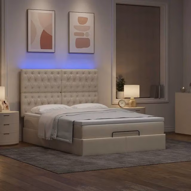 Letto con contenitore a sollevamento e pouf vidaXL in tessuto beige e bianco con porta USB e illuminazione sottostante L/P/H: 193 x 144 x 128 cm – 1
