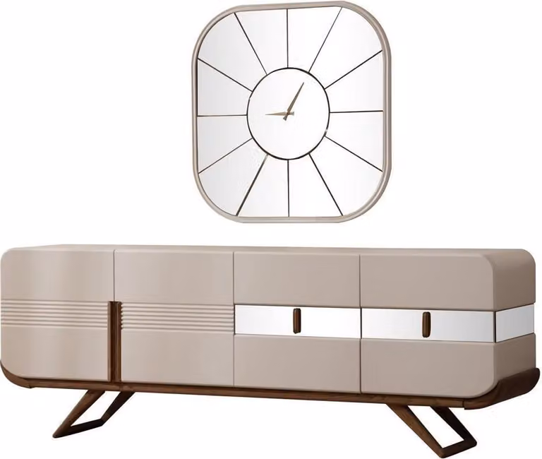 Beige 4-türige Esszimmer Anrichte Rechteckiger Spiegel Luxus Holz Möbel