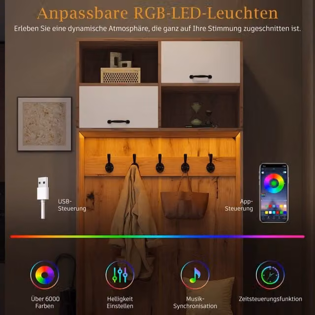 Set da ingresso con panca; 5 ganci; 2 ante e 6 vani aperti con LED 6000 colori; truciolato; naturale e bianco; 80x35x185 cm