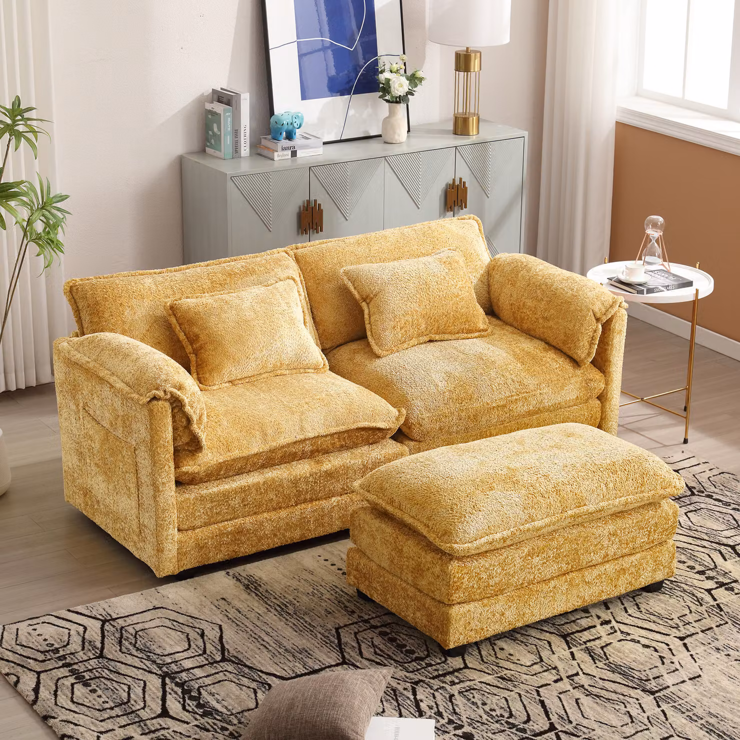 LVHOM divano angolare a L, divano a 2 posti con pouf, set divano zona giorno, divano boucle set angolare, 195x81x129 cm, giallo