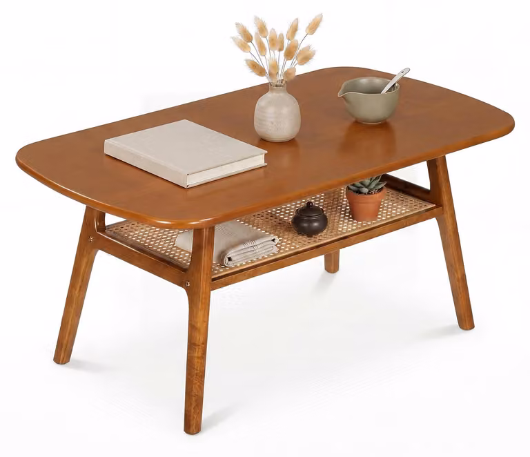 Tavolino COSTWAY, tavolino ausiliario a 2 livelli con ripiano aperto, ideale per il soggiorno, con struttura in legno di gomma e rattan artificiale, tavolino da divano, finitura noce