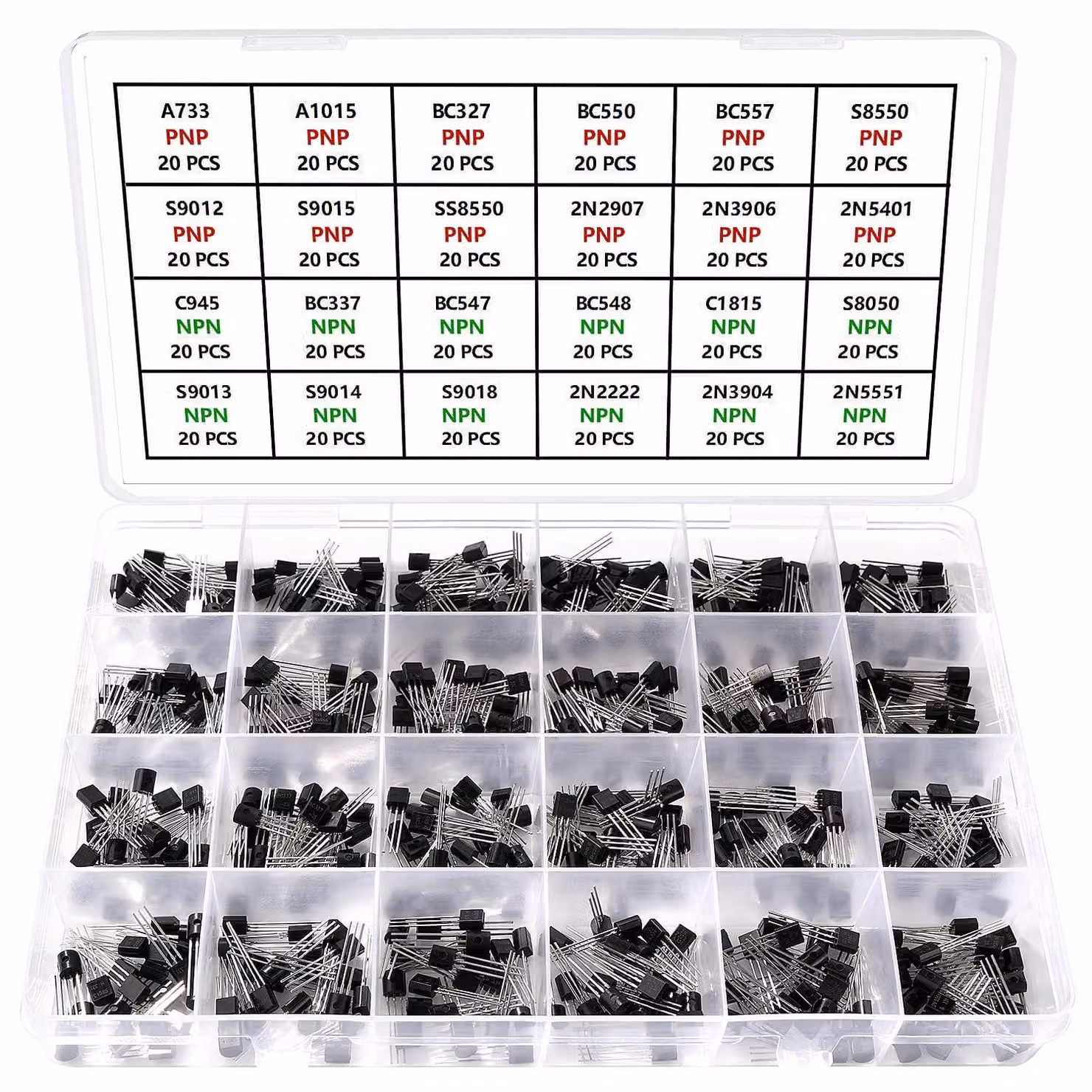 Kit di transistor: 480 pezzi, 24 modelli diversi, tipo NPN e PNP, con package TO-92