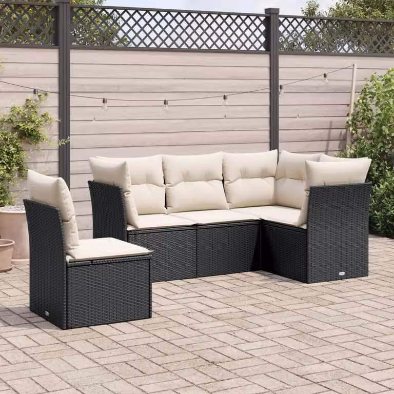 Set Divano da Giardino a L vidaXL 5 pz con Cuscini, Struttura in Metallo e Polyrattan, Nero e Bianco