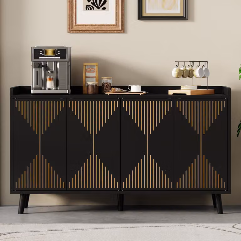 Mobile contenitore laterale Merax con 4 ante e ripiani interni regolabili, armadietto con piedini, ideale per la sala da pranzo o il soggiorno, colore nero