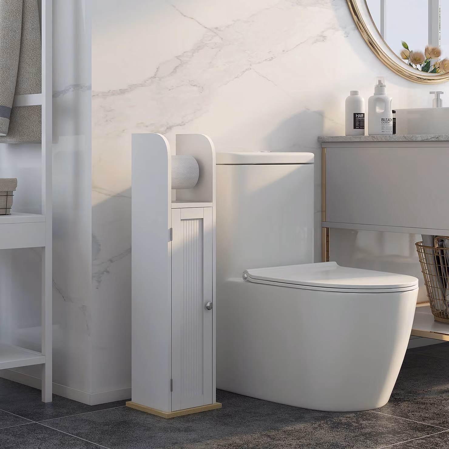 Mobiletto Salvaspazio per Bagno kleankin Bianco con Ripiani e Porta Carta Igienica, L/P/H: 20 x 20 x 80 cm – 2