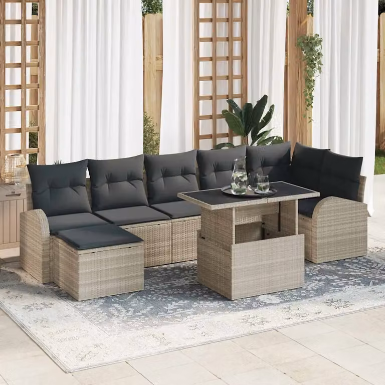 Set Divano da Giardino vidaXL 8 pz Grigio con Cuscini e Tavolino in Poly Rattan e Acciaio