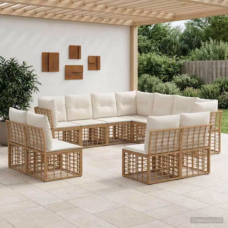 Set di divani da esterno a L vidaXL in polyrattan beige e marrone con cuscini in poliestere resistente ai raggi UV