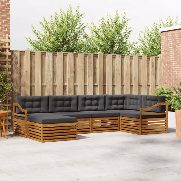 Set di divani da esterno vidaXL a forma di L composto da 6 pezzi in legno di acacia con cuscini, colori beige, antracite e marrone