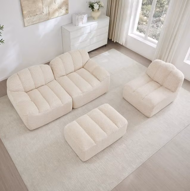 Divano modulare angolare 3 posti con ottomana in pile granulato e schiuma 32D; beige bianco
