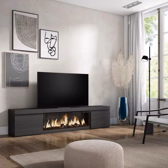 Mobile TV Soggiorno, 208x35x45cm, Per TV fino a 80", Camino elettrico XXL, Nero RF3256