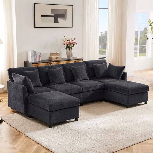 Divano modulare in ciniglia con seduta profonda 2 pouf e 6 cuscini per soggiorno moderno grigio 278 × 161 × 81 cm