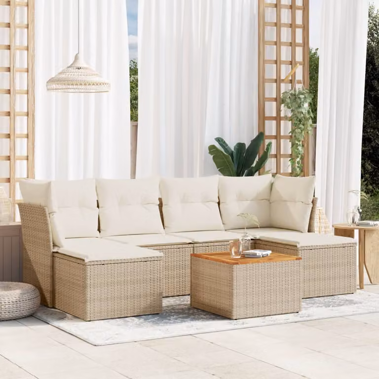 vidaXL Set Divani da Giardino 7 pz in Polyrattan con Cuscini Beige e Tavolino da Esterno