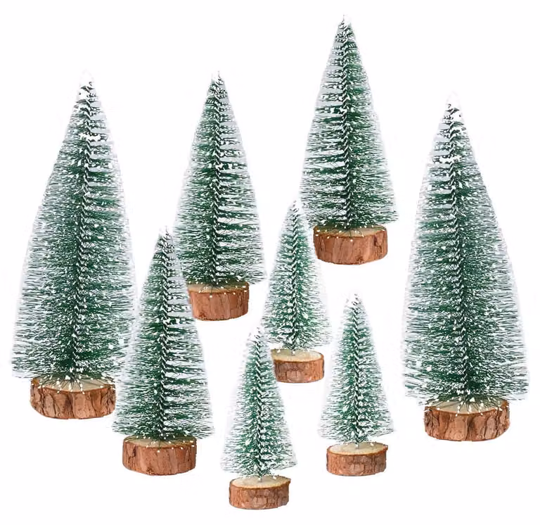 Albero di Natale artificiale, set da 8, dimensioni 10/15/20 cm, con effetto neve