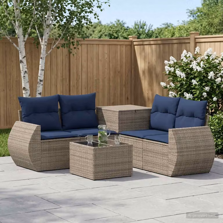 Set di divani da giardino vidaXL 6 pz in rattan e acciaio con cuscini Grigio e Blu Navy