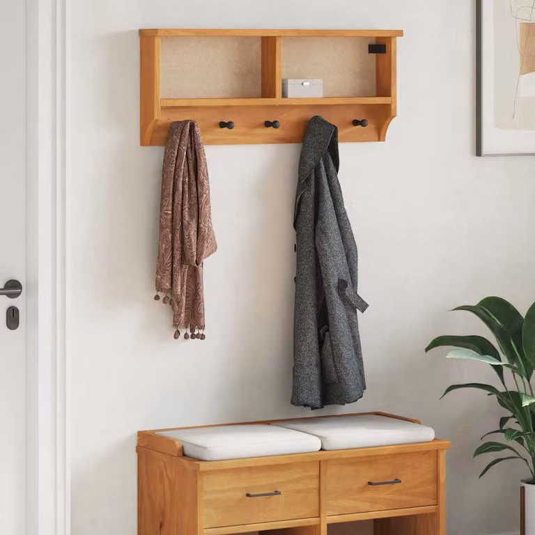 vidaXL Appendiabiti da Parete SANDNES in Legno di Pino Marrone con Ganci Distribuiti L: 87 cm, P: 12 cm, H: 35 cm