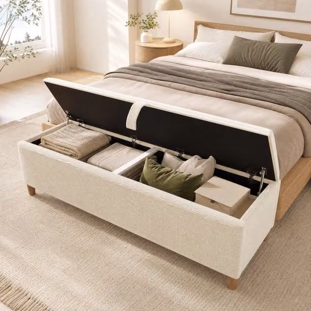 Letto matrimoniale MODFU con contenitore, panca e testiera con illuminazione LED in velluto a coste beige e legno rovere chiaro L/P: 160 x 200 cm