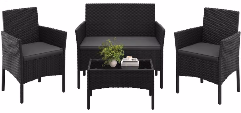 Set da giardino - 4 pezzi - Rattan PE - Nero e grigio - Divano a due posti, 2 poltrone e tavolo in vetro - Per terrazza e balcone