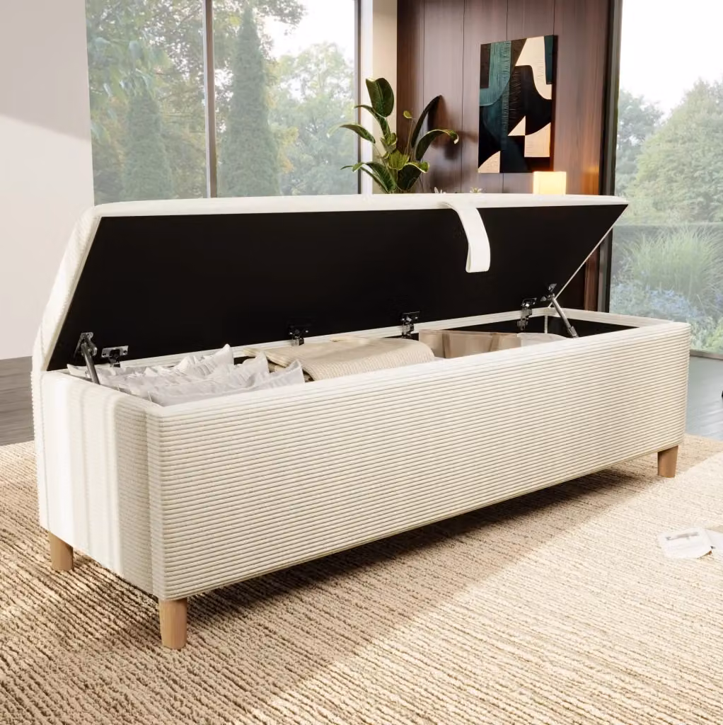 Panca contenitore moderna in corduroy e legno beige con apertura idraulica L: 200 cm, P: 38 cm, H: 46 cm – 2