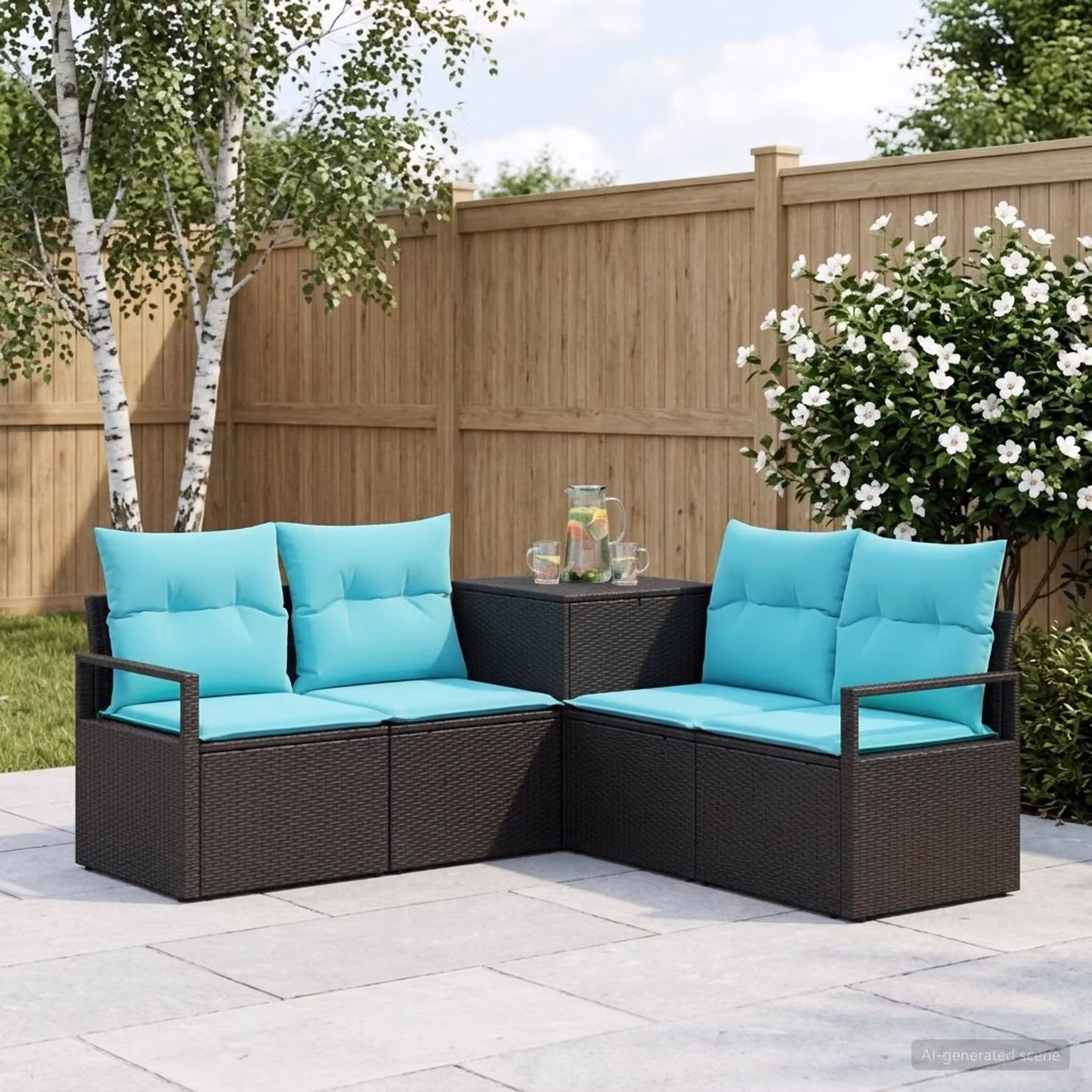 vidaXL Set di divani da giardino 5 pz a forma di L in polyrattan e metallo, colore nero e blu con cuscini inclusi
