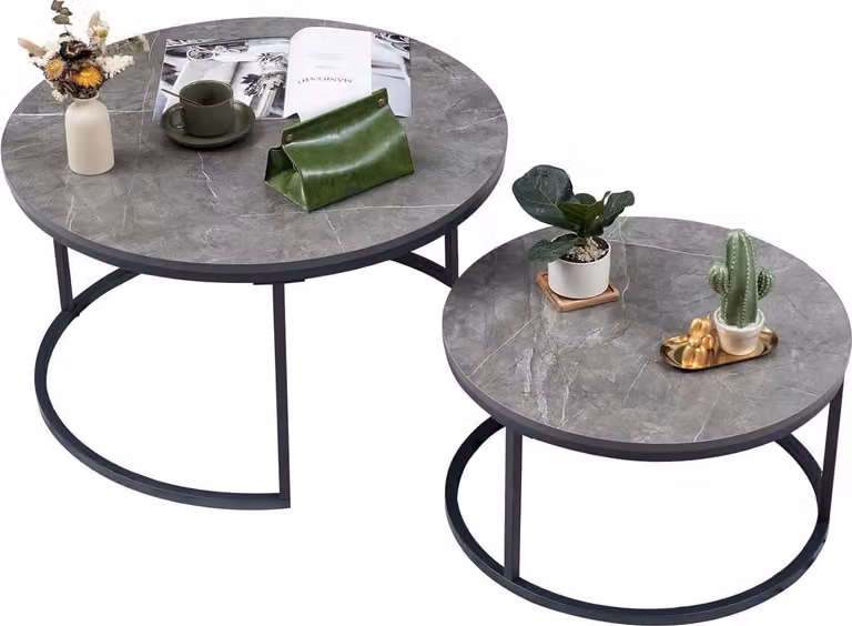 Set di 2 tavolini Soayone in marmo grigio - Rotondo con struttura in metallo