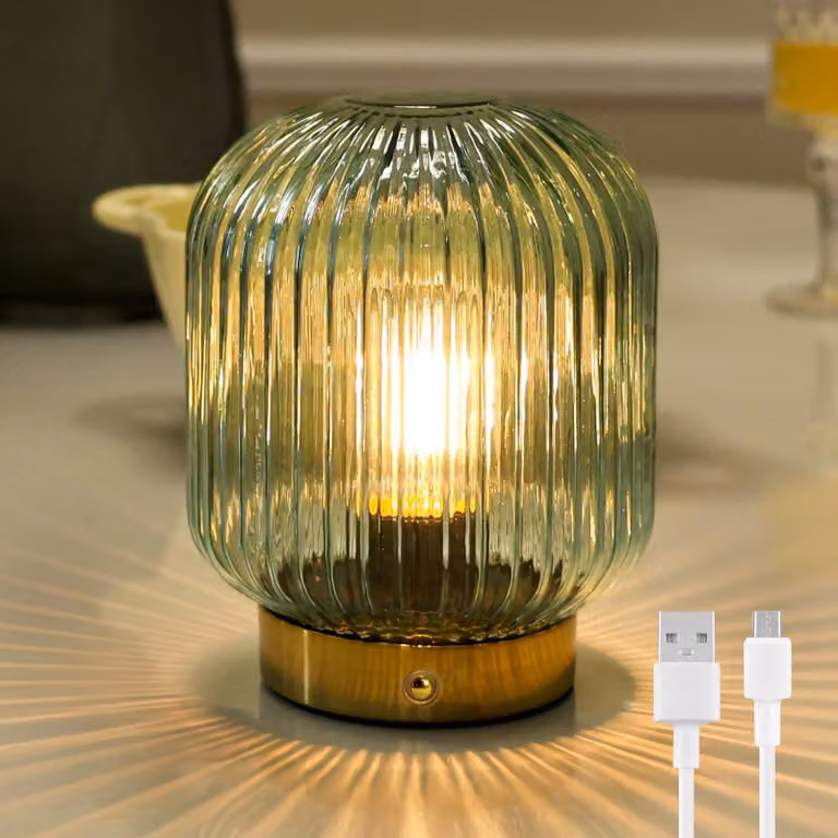 Lampada da tavolo wireless, ricaricabile a batteria, con dimmer e paralume in vetro