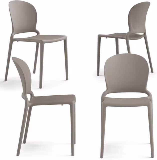Set 4 sedie in polipropilene JASMINE, impilabile, resistente ai raggi UV, design moderno, ideale per sala da pranzo, cucina, sala d’attesa, bar, ristoranti o giardino colore Tortora