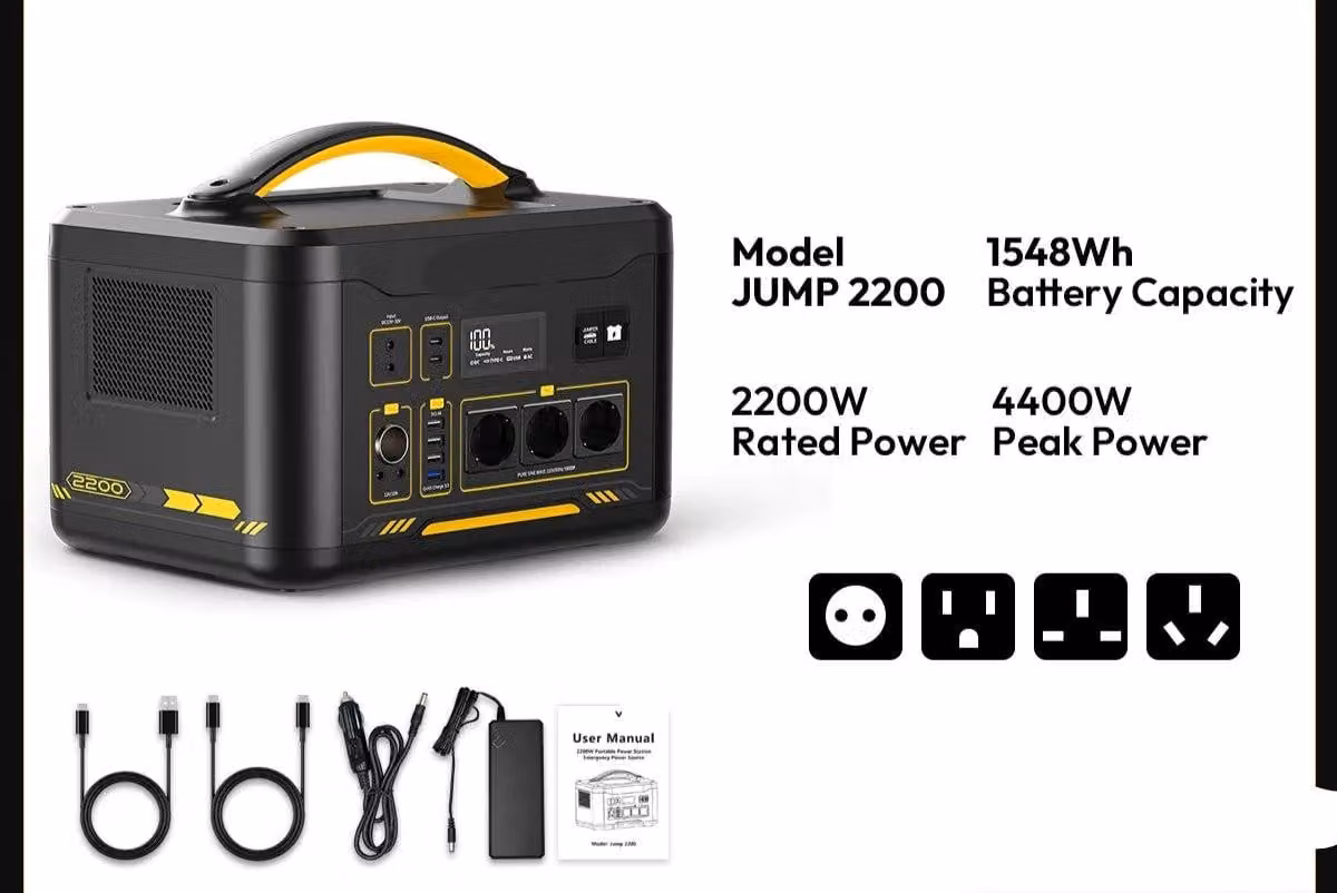 Centralina di alimentazione - 1548 Wh - 2200 W - Batteria LiFePO4 - Generatore solare - USB-C - Torcia LED
