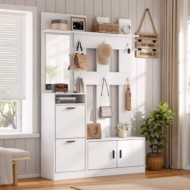 Mobile ingresso con scarpiera e specchio bianco 120x30x180 cm guardaroba multifunzione