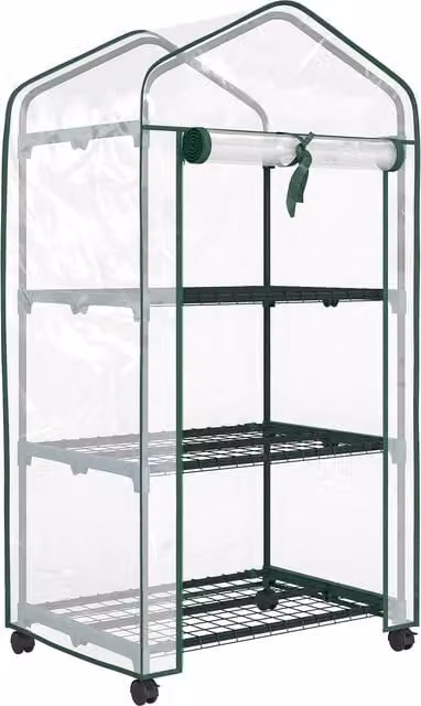 Miniserra da giardino Outsunny con 3 ripiani, telo in PVC ad alta densità e 4 ruote, trasparente, L: 69 cm, P: 49 cm, H: 130 cm