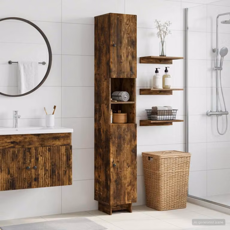 Armadio da Bagno vidaXL EDE con Ripiano Aperto e Ante a Battente, Rovere Fumo e Nero, H 190 x L 31 x P 30 cm
