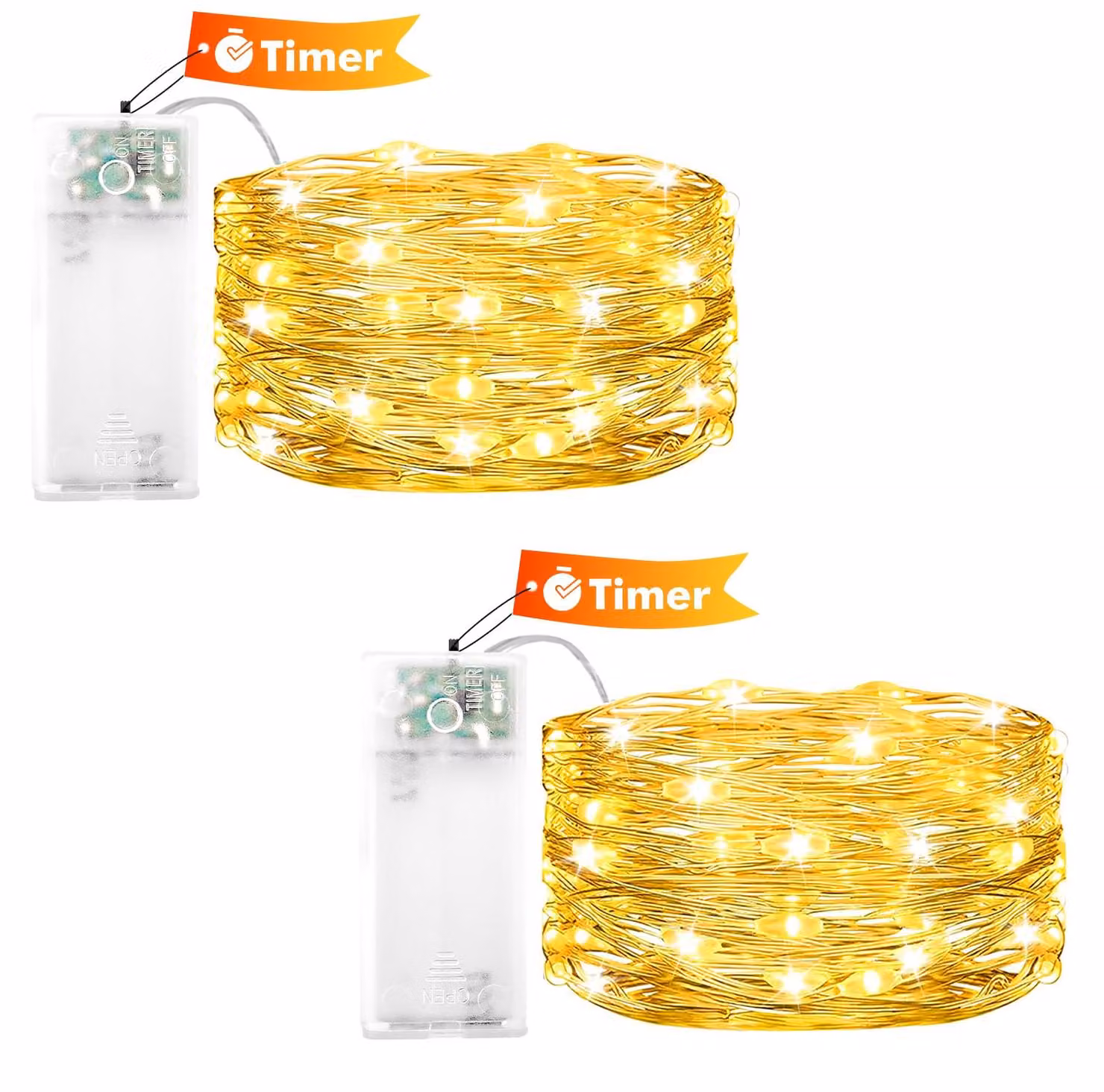 Catena luminosa a LED, 2 metri, 20 LED bianco caldo, alimentata a batteria con timer, set da 2