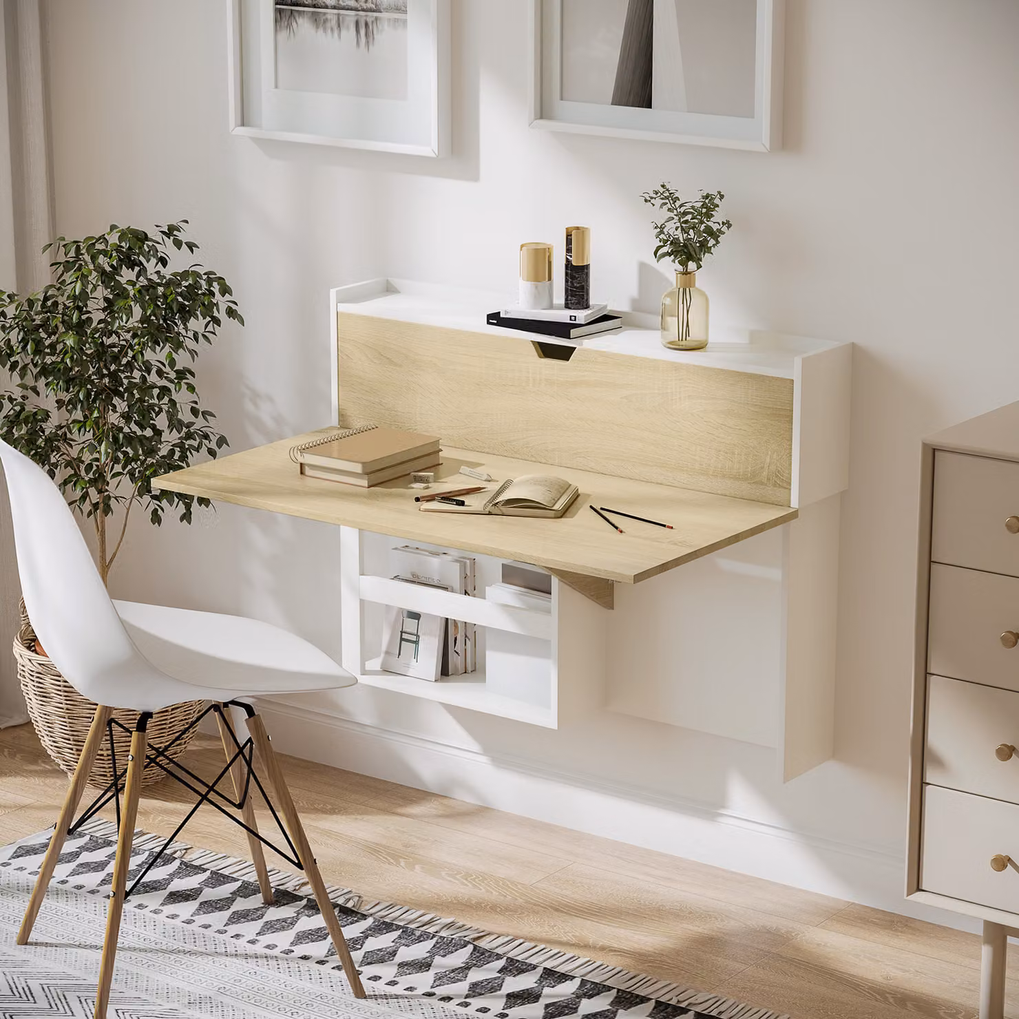 Scrivania a muro pieghevole HOMCOM con ripiani, ideale per studio e ufficio, in MDF bianco e legno, L: 100 cm, P: 18 cm, H: 74 cm – 2