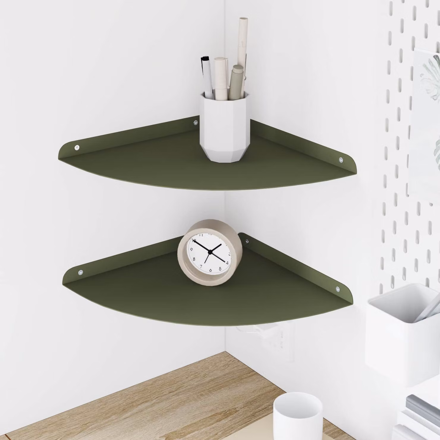 Set di 2 mensole da angolo sospese vidaXL in metallo verde oliva opaco L 30 cm x P 30 cm x H 2 cm