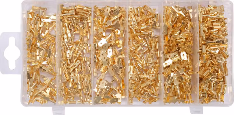 Set di 600 connettori in ottone per impianti elettrici – diverse dimensioni (Ø2,8 mm, Ø4,8 mm, Ø6,4 mm), maschi e femmine