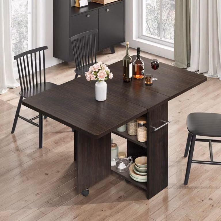 Tavolo pieghevole con ripiani e ruote, dimensioni 120x60x75 cm, colore marrone
