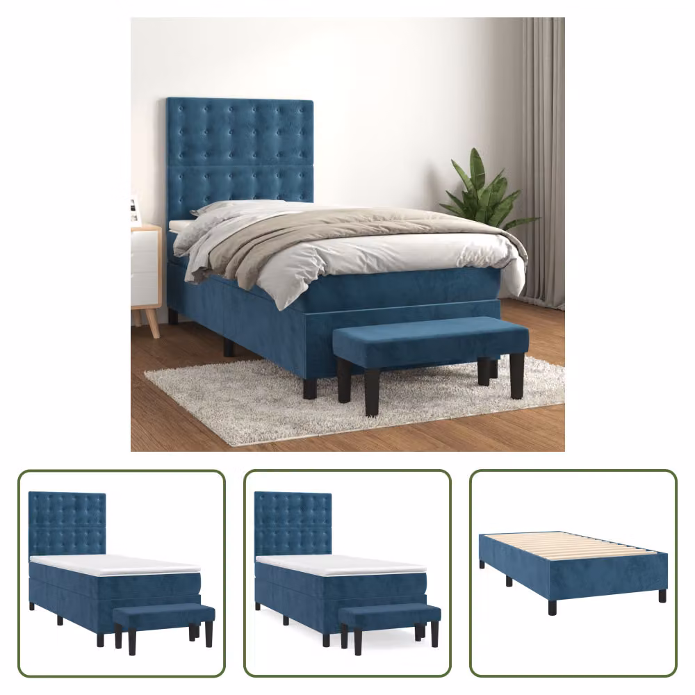 The Living Store Letto a molle con materasso blu scuro 90x200 cm in velluto