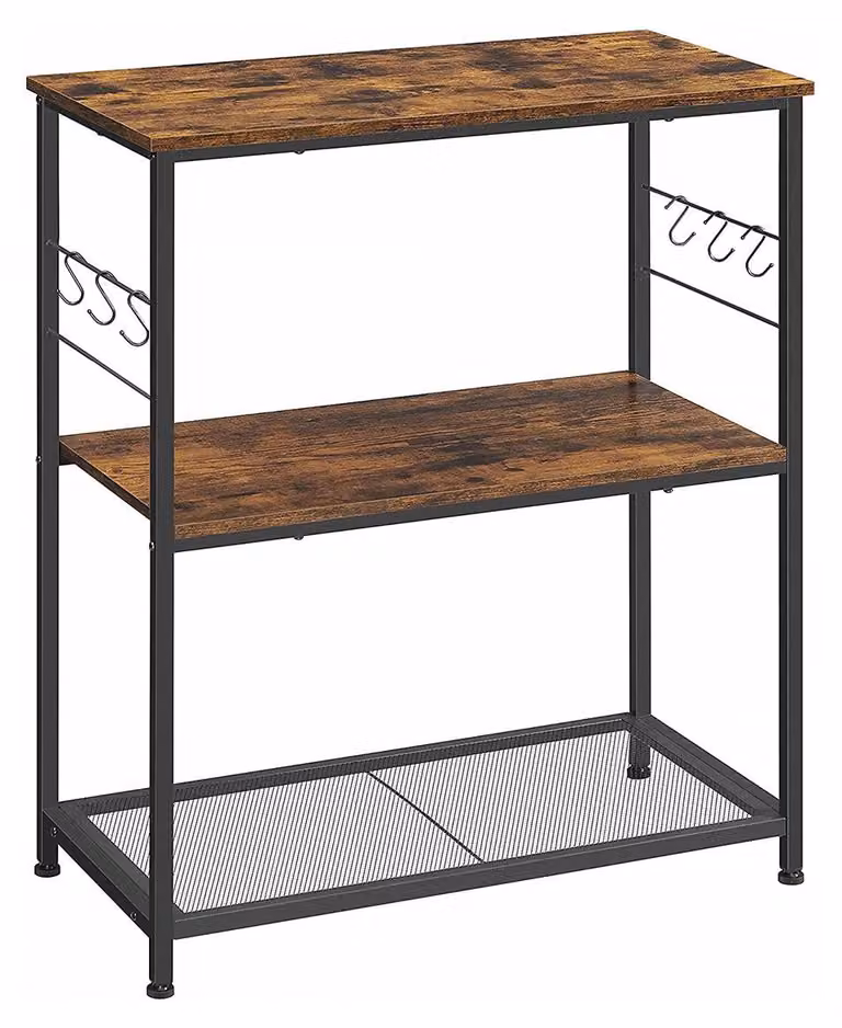 Mensola industriale per cucina con ganci, color marrone e nero, realizzata in pannello di particelle di legno e acciaio, dimensioni 80 x 40 x 90 cm