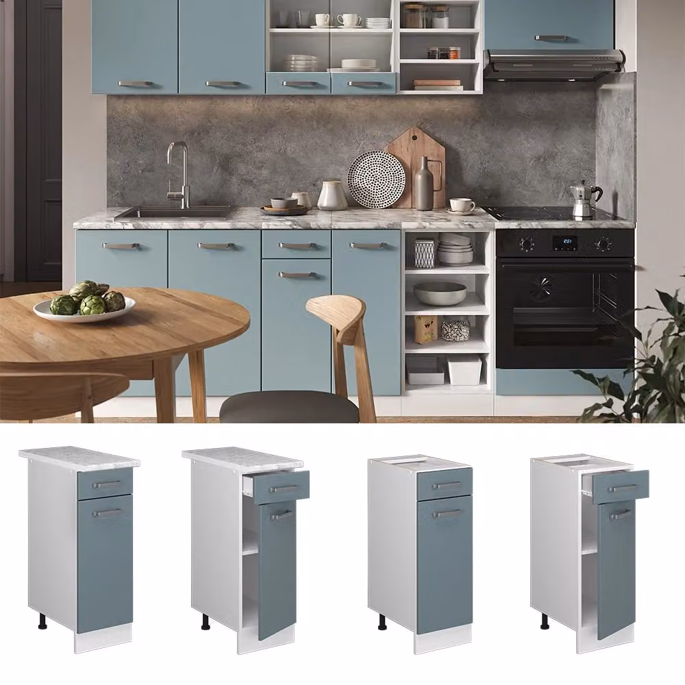 Mobiletto base per cucina Vicco R-Line Grigio-blu e Bianco con piano in marmo, L: 30 cm, H: 81,6 cm, P: 60 cm – 2
