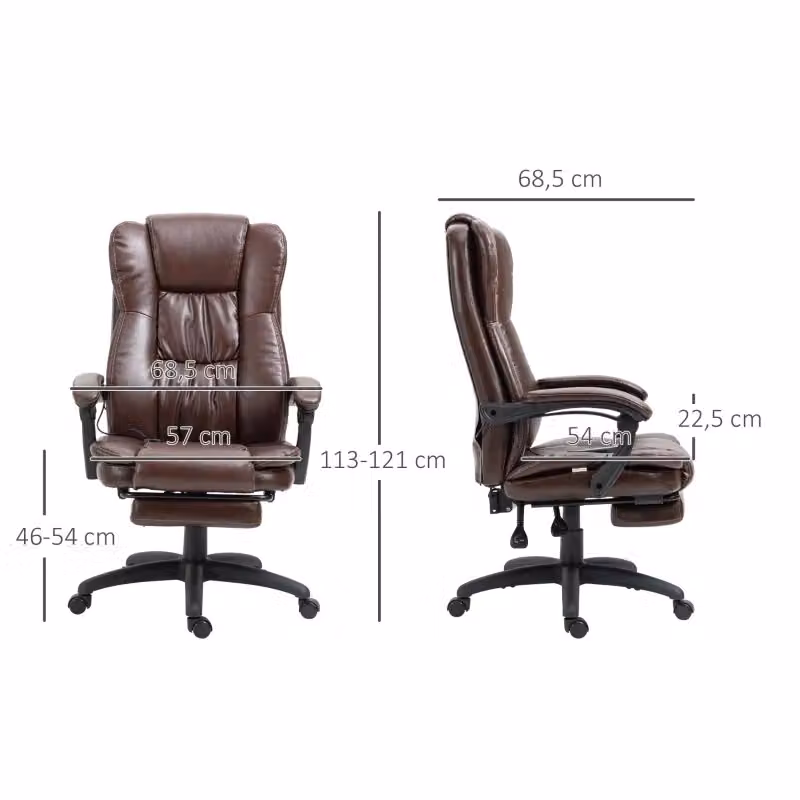 Sedia da ufficio girevole con massaggio a 6 punti, schienale reclinabile, poggiapiedi e braccioli in similpelle marrone, H 121 x L 68,5 x P 68,5 cm – 2