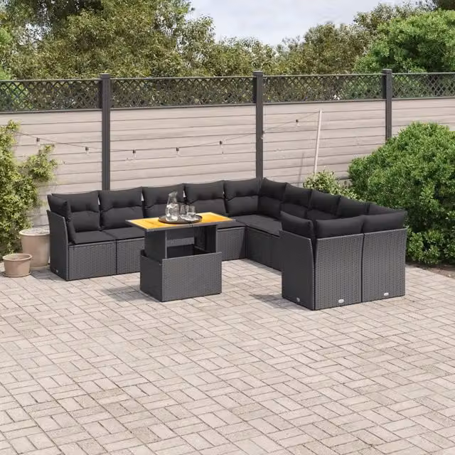 Set di Divani da Giardino VIDAXL in Polyrattan Nero con Cuscini, 11 Pezzi, Design Moderno a L – 1